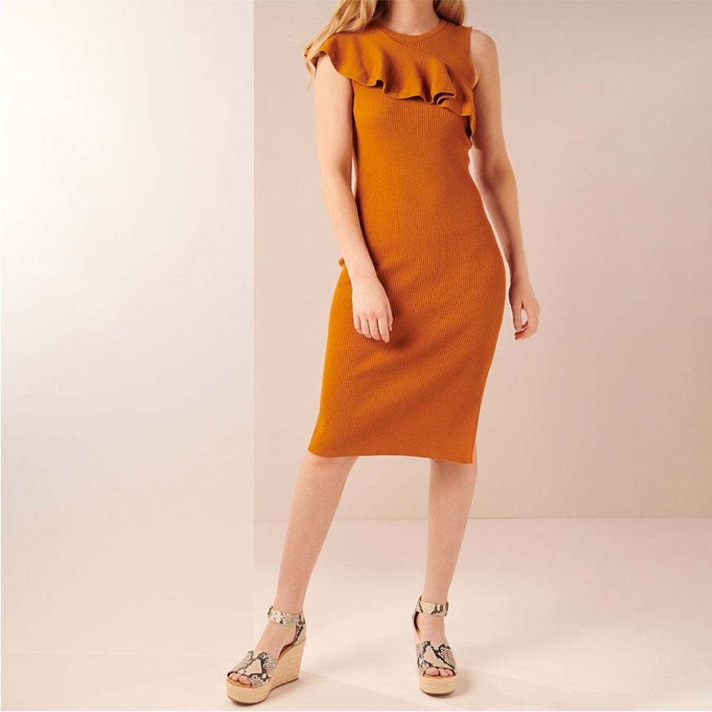 Nine West Elegant Orange Ribbed Knit Ruffle Dress